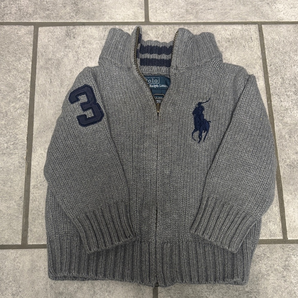 Baby Boy Ralph Lauren Gray Knit Zip-Up Sweater with Navy Pony & Sleeve Patch